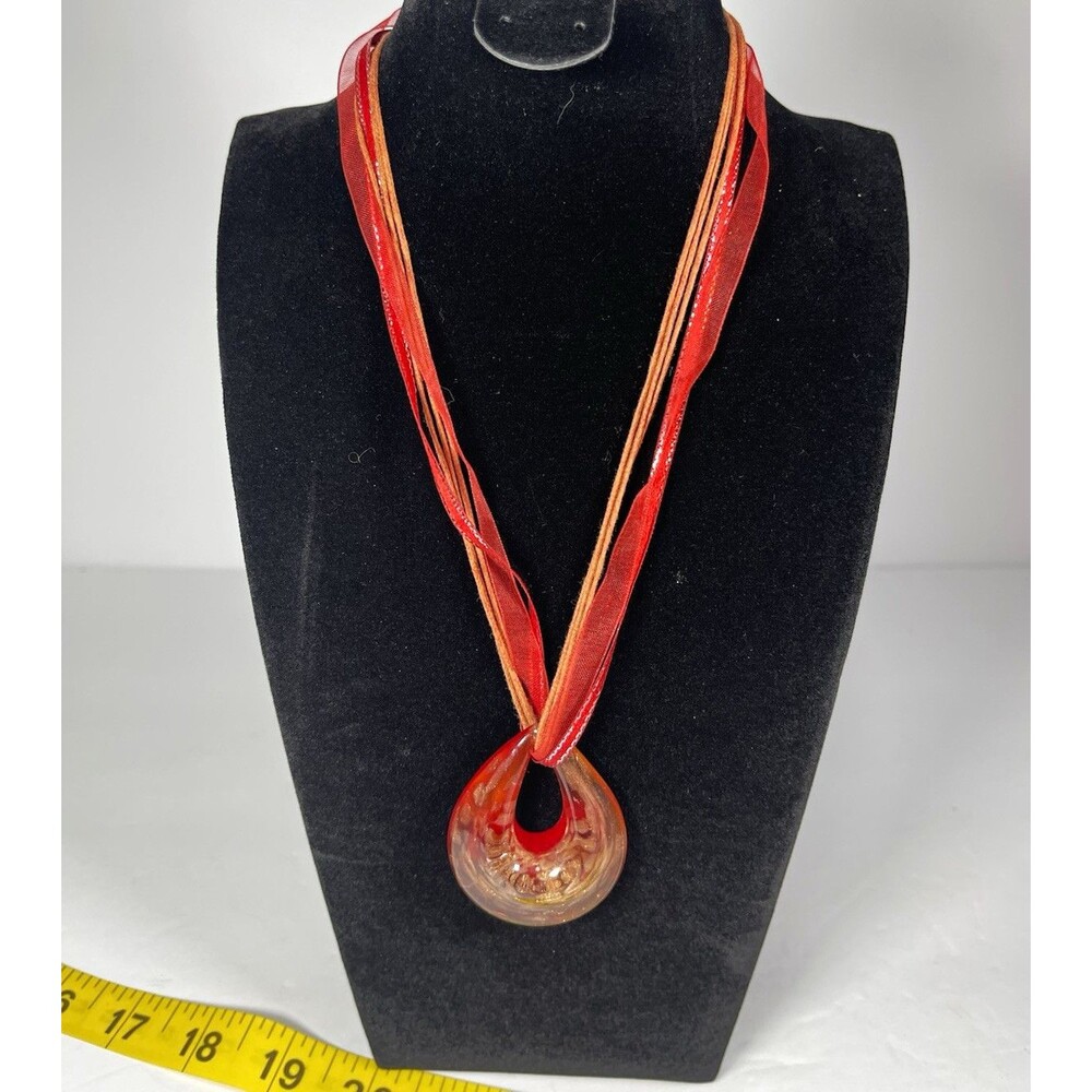 Red Ribbon Cord Necklace Teardrop Charm Pendant Lobster Clasp Adjustable 16"
